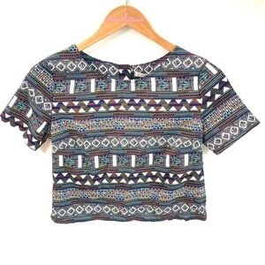 Lush Multicolored Shortsleeved Crop Top with open lattice crop back, Size S, NWT